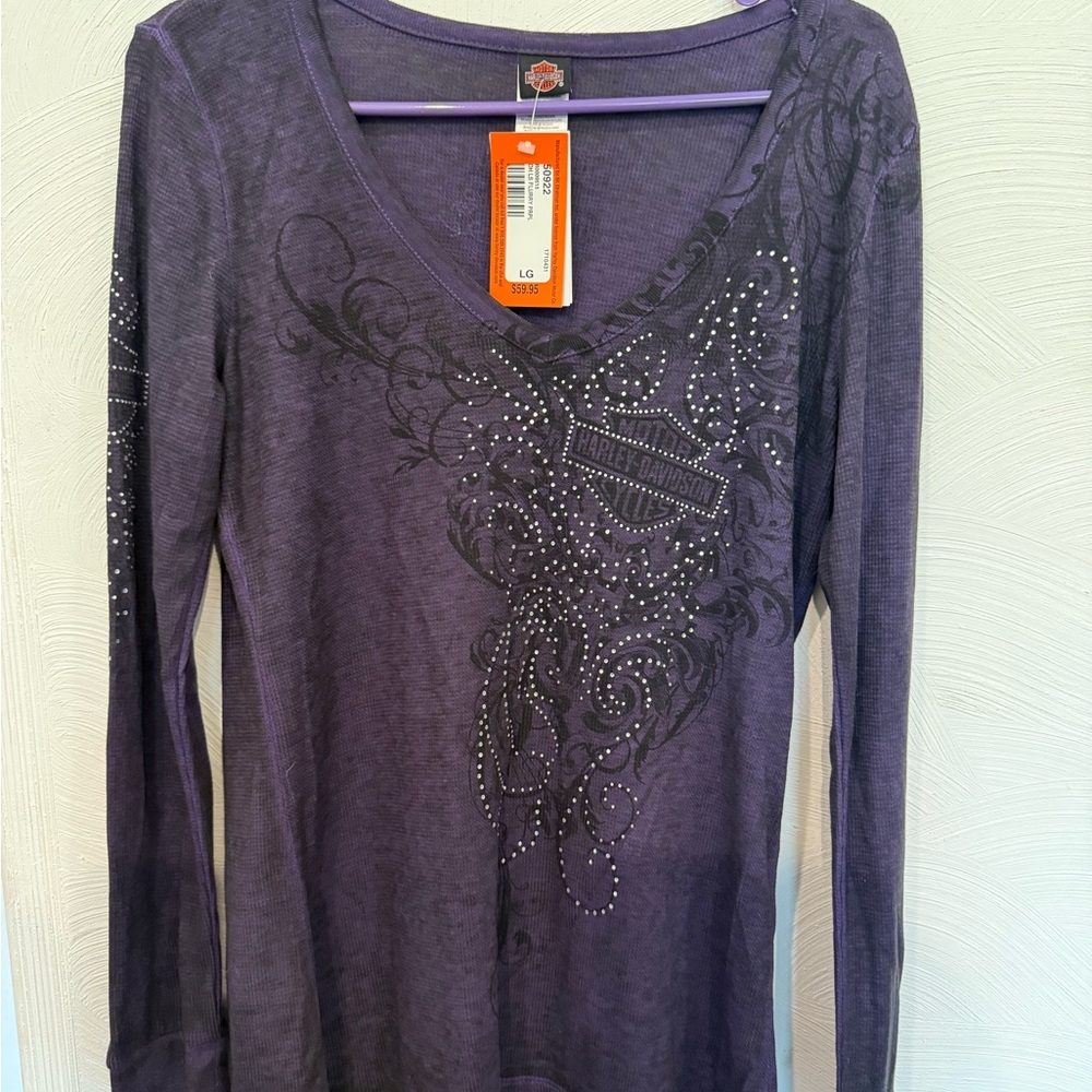 Harley-Davidson Gray Long Sleeve Graphic Embellished Blouse